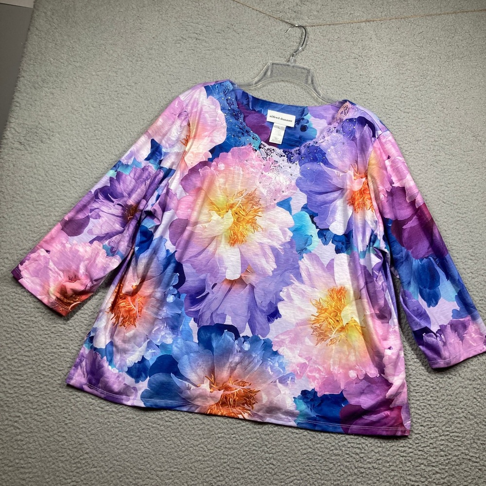 Alfred Dunner Floral Top Women XL‎ Purple 3/4 Sleeve Lace Rhinestone Peony